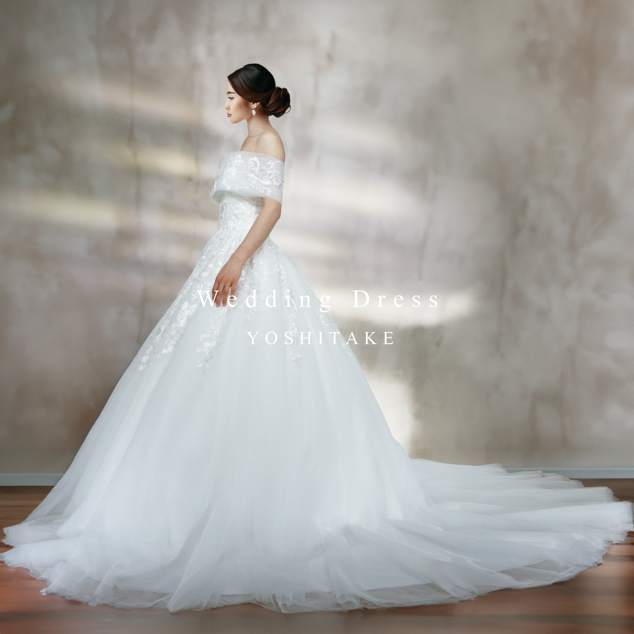 ウエディングドレス.白.チュール.Aライン.オフショルダー.刺繍.Y2586