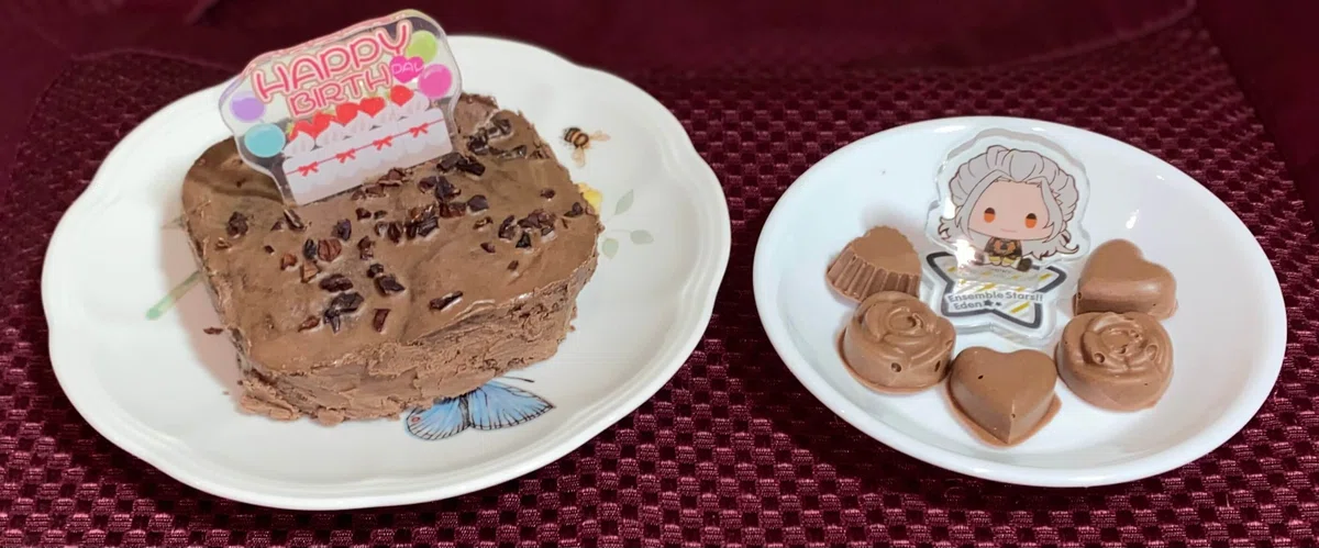 プロテイン入り手作りミニチョコレートレイヤーケーキとチョコレートの写真。