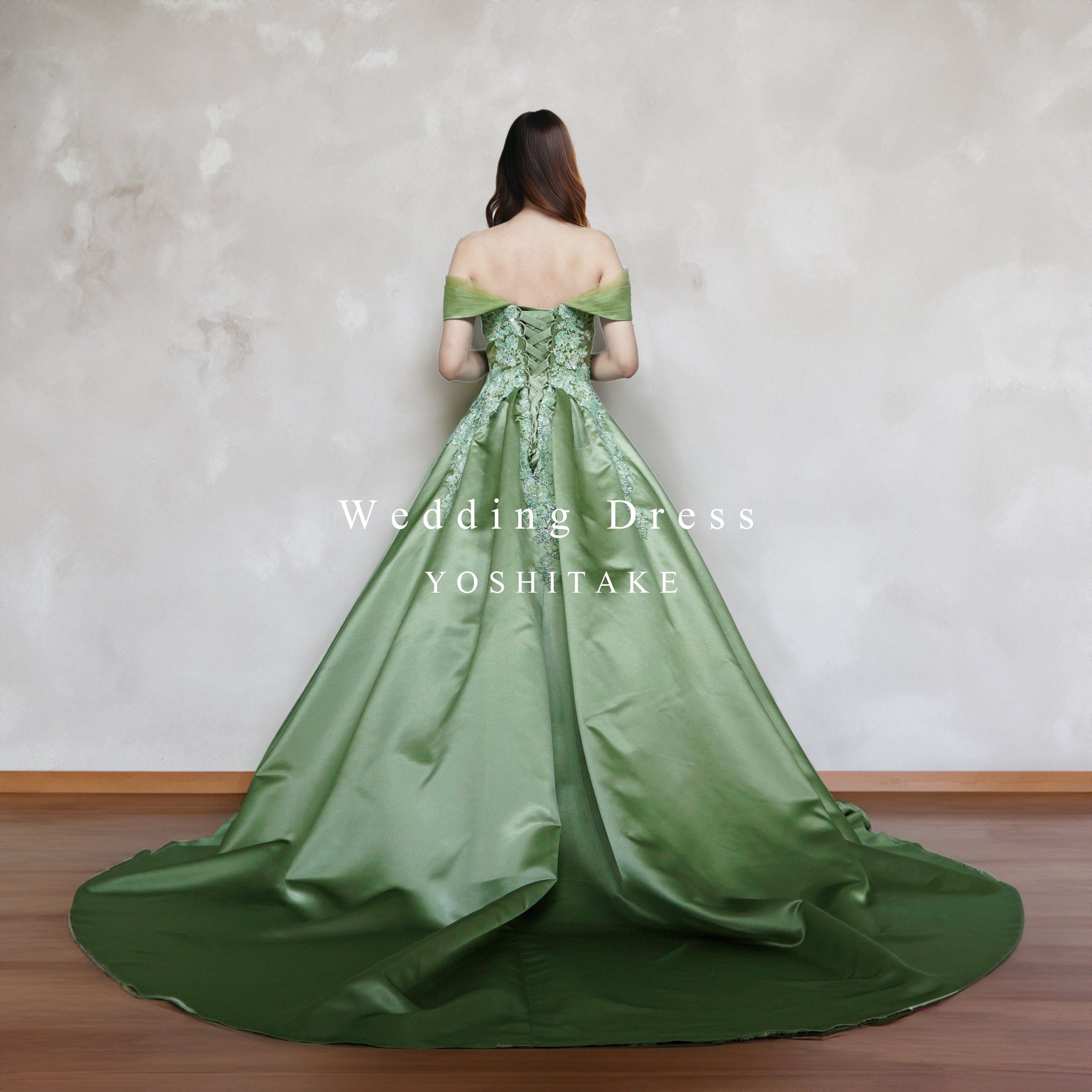 ウエディングドレス.グリーン.サテン.Aライン.オフショル.刺繍.Y1634