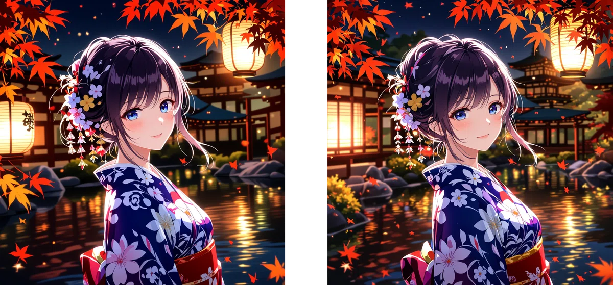 HiDream-I1-Dev_clear(左)とHiDream-I1-Dev(右)のアニメイラスト比較。全体のクリアさが向上