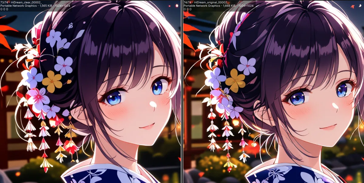 アニメイラストの拡大比較。HiDream-I1-Dev_clear(左)は目元や髪飾りの破綻が少ない