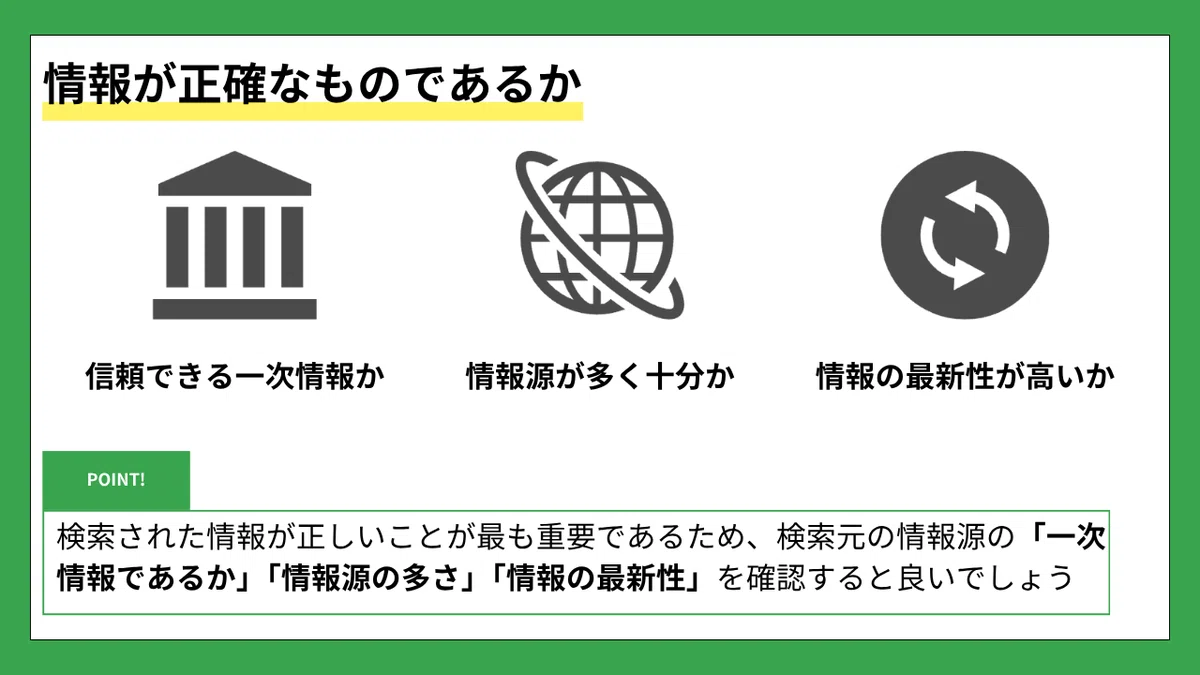 情報が正確なものであるか

信頼できる一次情報か　　情報源が多く十分か　　情報の最新性が高いか

POINT！

検索された情報が正しいことが最も重要であるため、検索元の情報源の「一次情報であるか」「情報源の多さ」「情報の最新性」を確認すると良いでしょう
