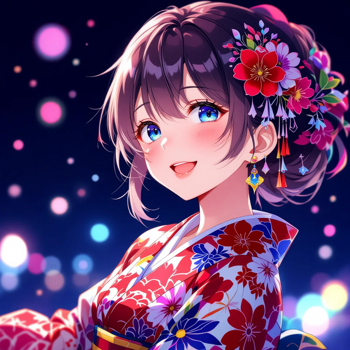 HiDream-I1-Dev_clear で生成した着物の笑顔の女性のアニメイラスト