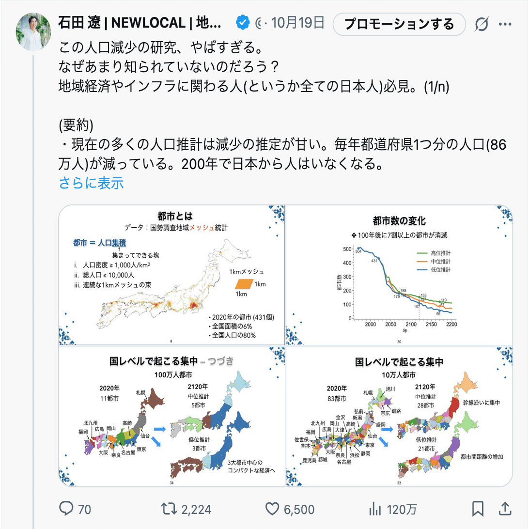 この人口減少の研究、やばすぎる」というポストがバズった話｜石田 遼 | NEWLOCAL | 地方創生スタートアップ起業家