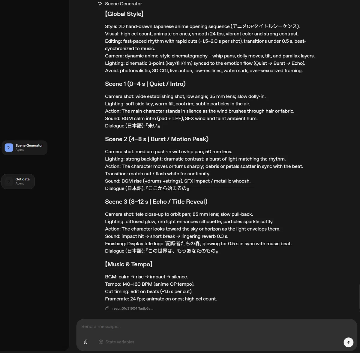 AIのScene Generator が出力したSora2向け動画プロンプト画面。アニメOP風のグローバルスタイル設定と、Scene1〜Scene3のカメラワーク・照明・アクション・台詞を含む詳細な撮影指示が羅列されている。
