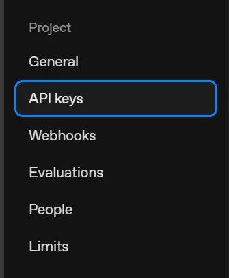 OpenAI Agent Builder のプロジェクト設定画面のスクリーンショット。左側メニューの API keys が選択されており、APIキーを取得する位置を示している。
