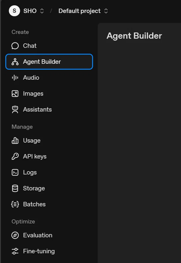 OpenAIのプロジェクトメニュー画面。左側のCreate項目にある Agent Builder が選択されており、AIエージェント作成画面へアクセスする位置を示している。
