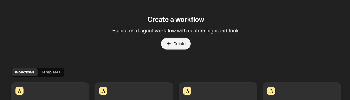 OpenAI Agent Builder の新規ワークフロー作成画面。中央に「Create」ボタンが表示され、カスタムロジックを使ったAIエージェントのワークフロー構築を開始できる。
