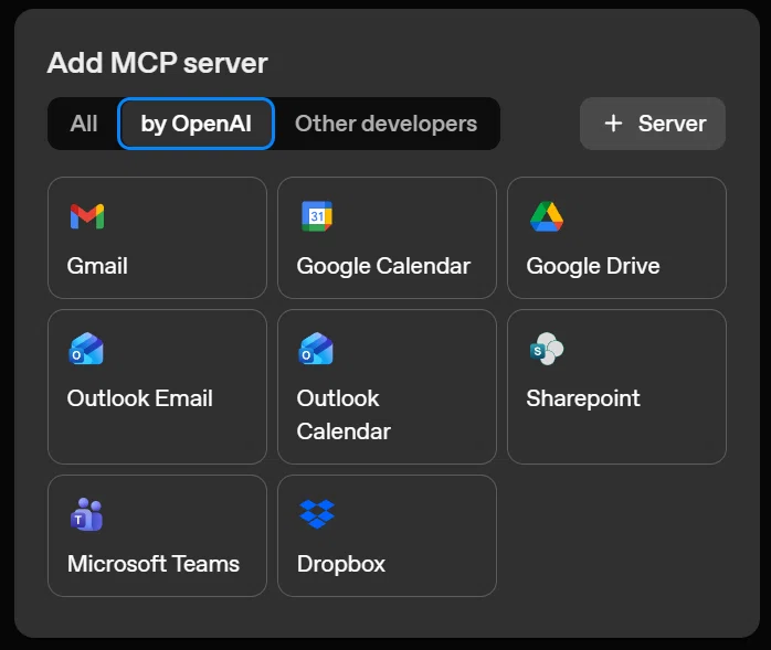 OpenAI Agent Builder の MCP サーバー追加画面。Gmail、Google Calendar、Drive、Outlook、SharePoint、Teams、Dropbox など外部サービスと連携できるMCP一覧が表示されている。
