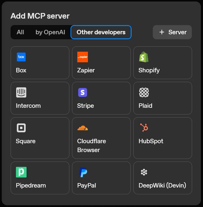 OpenAI Agent Builder の MCP サーバー追加画面。Other developers タブには、Zapier、Shopify、Stripe、Plaid、Cloudflare、HubSpot、PayPal など外部ツールとの連携サービスが一覧で表示されている。
