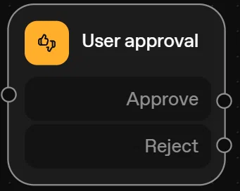 OpenAI Agent Builder の User approval ノード。生成内容をユーザーが承認（Approve）または拒否（Reject）できるインタラクティブな承認ステップ。
