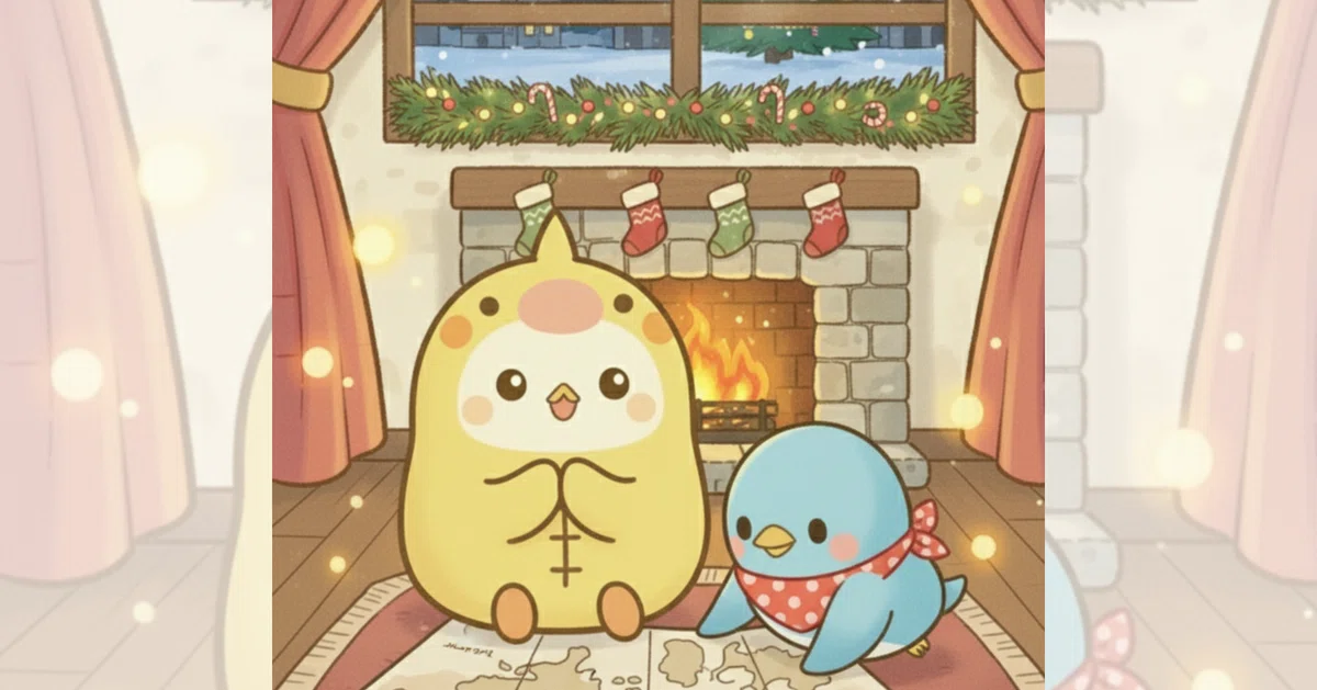 暖炉の前で、黄色いペン吉と青いことりさんが並んで座っている。
まどの外には雪が積もり、壁には靴下が3つ。
あたたかな灯りの中、クリスマスの準備をしているような穏やかな夜のシーン。