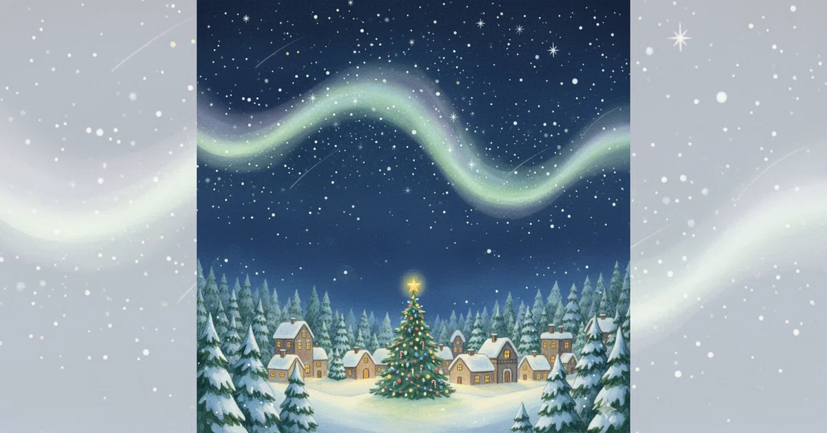 星が瞬く夜空にオーロラが流れ、雪の町の中央で大きなクリスマスツリーが輝いている。
家々の窓からはあかりがもれ、静かな森にやさしい光が広がる幻想的な冬の景色。
