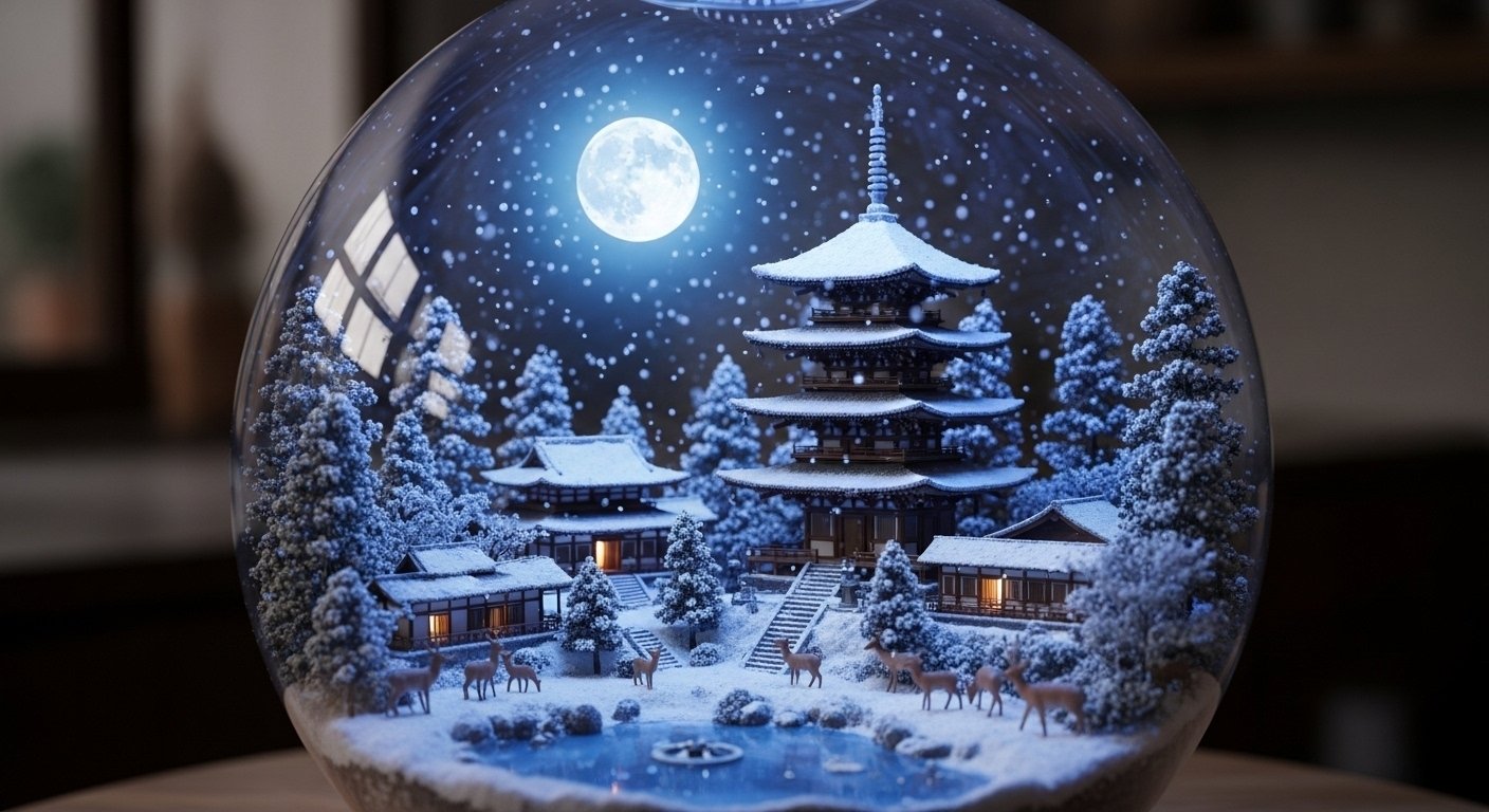 第87投稿目【AI画像生成】ガラスの中の冬景色：幻想的な和のスノー