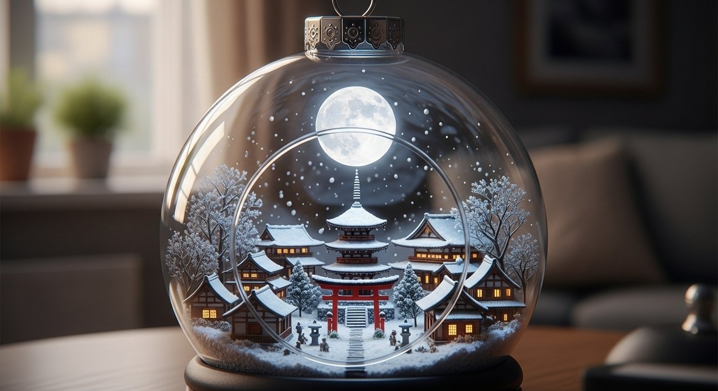 第87投稿目【AI画像生成】ガラスの中の冬景色：幻想的な和のスノー