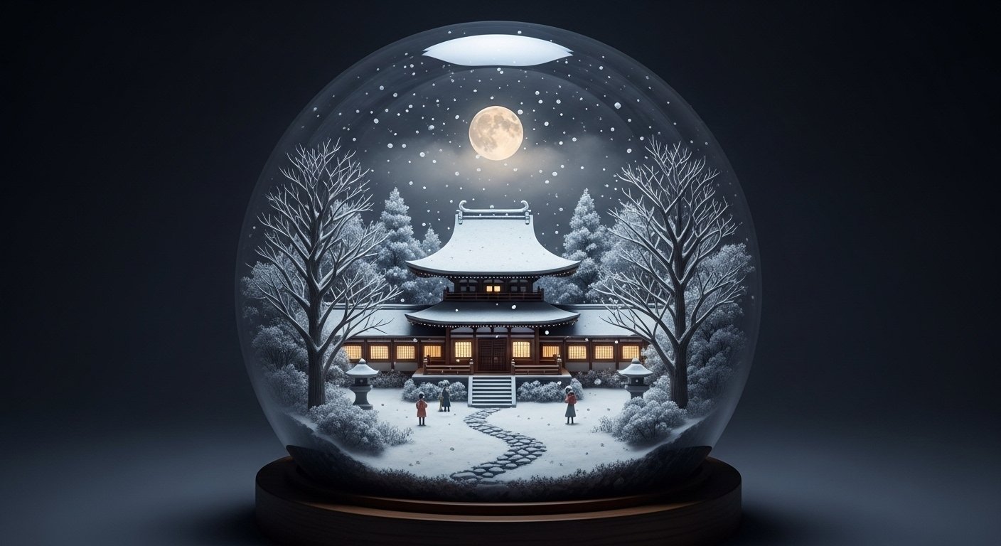 第87投稿目【AI画像生成】ガラスの中の冬景色：幻想的な和のスノー