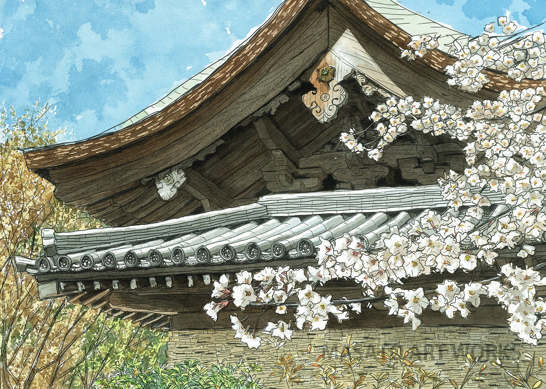 デジタルペンで描き、プリンターで水彩紙出力した手彩色の風景｜MASATO