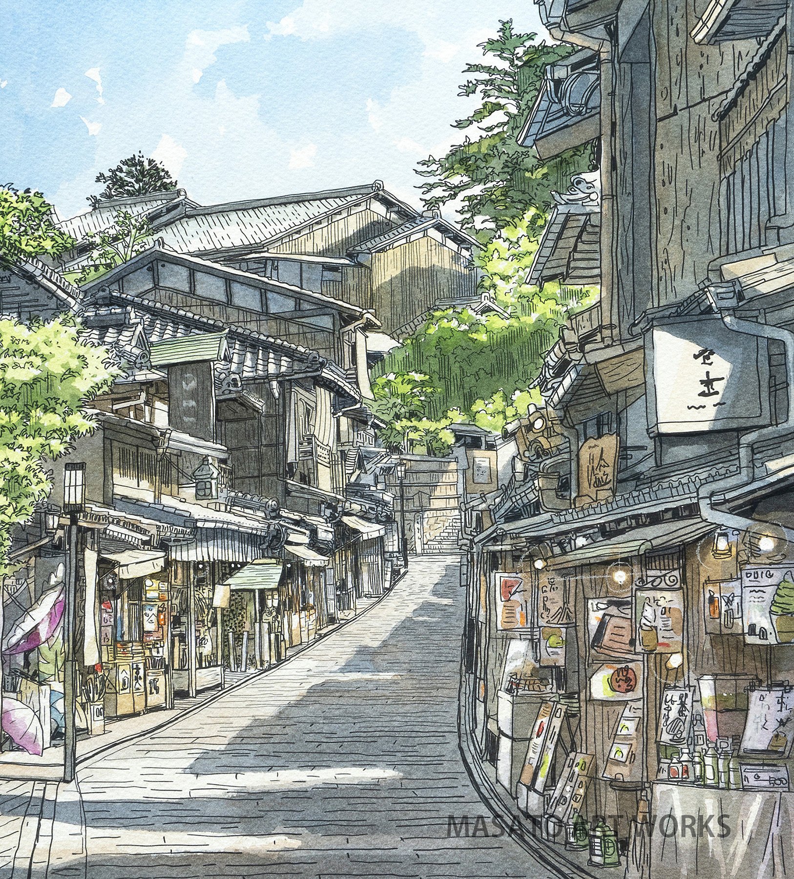 デジタルペンで描き、プリンターで水彩紙出力した手彩色の風景｜MASATO