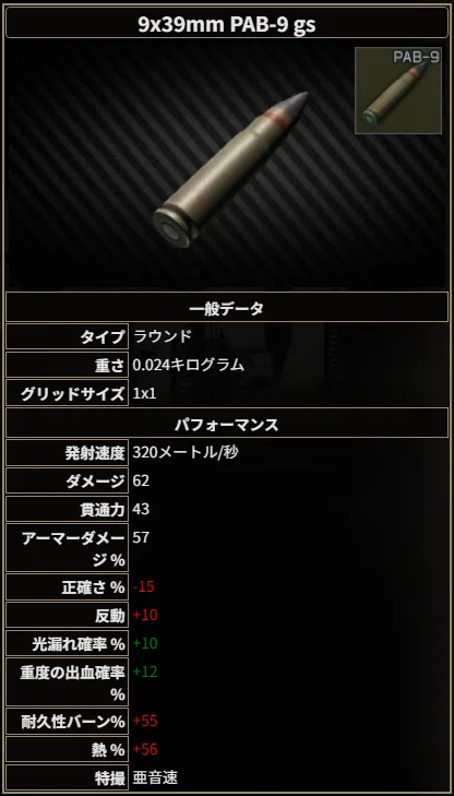 EFT：弾薬の名称について知る⑪】9x39mm PAB-9 gs｜maki