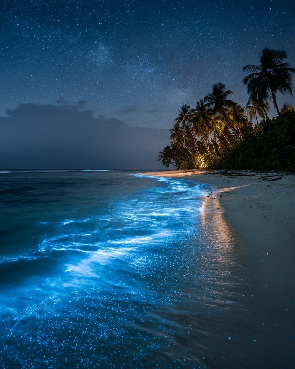 夜空の星と生命の輝くモルディブの海」