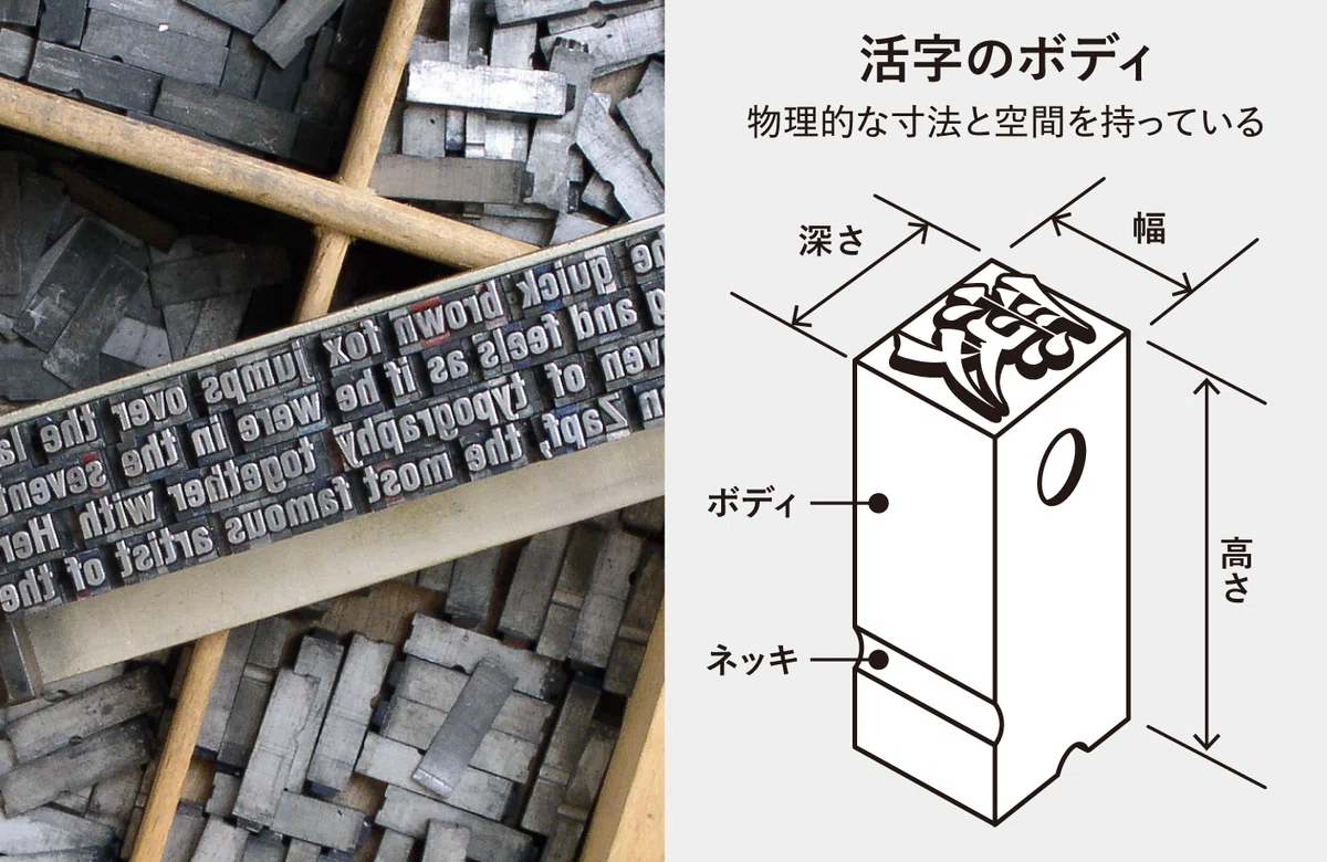 図３　活字のボディ左：金属活字の例（図版出典：Willi Heidelbach, CC 表示 2.5, ウィキメディア・コモンズより部分使用）　右：活字ボディの図。ボディ自体に物理的な寸法と組版のための空間を持っている。ボディの大きさがそのまま文字サイズになるため、同じ書体でも文字サイズごとに活字を作る必要がある
