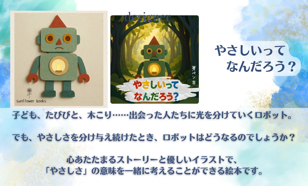 左に紙素材で作られたロボットの写真、
中央に森の中で胸が光るロボットが描かれた絵本表紙。
右側に「やさしいってなんだろう?」の文字。
下には、さまざまな人へ光をわけ与えるロボットが、やさしさについて考える物語であることが紹介されている。