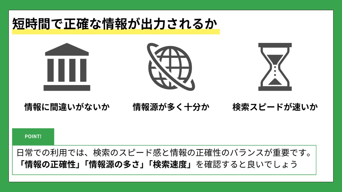 短時間で正確な情報が出力されるか
🏛️ 情報に間違いがないか
🌐 情報源が多く十分か
⏳ 検索スピードが速いか
POINT!
日常での利用では、検索のスピード感と情報の正確性のバランスが重要です。
「情報の正確性」「情報源の多さ」「検索速度」を確認すると良いでしょう