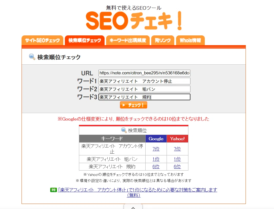 SEOチェキでの測定。「楽天アフィリエイト アカウント停止」はGoogle、Yahoo!共に7位。「楽天アフィリエイト 垢バン」はGoogle、Yahoo!共に1位。「楽天アフィリエイト 規約」はGoogle、Yahoo!共に6位。