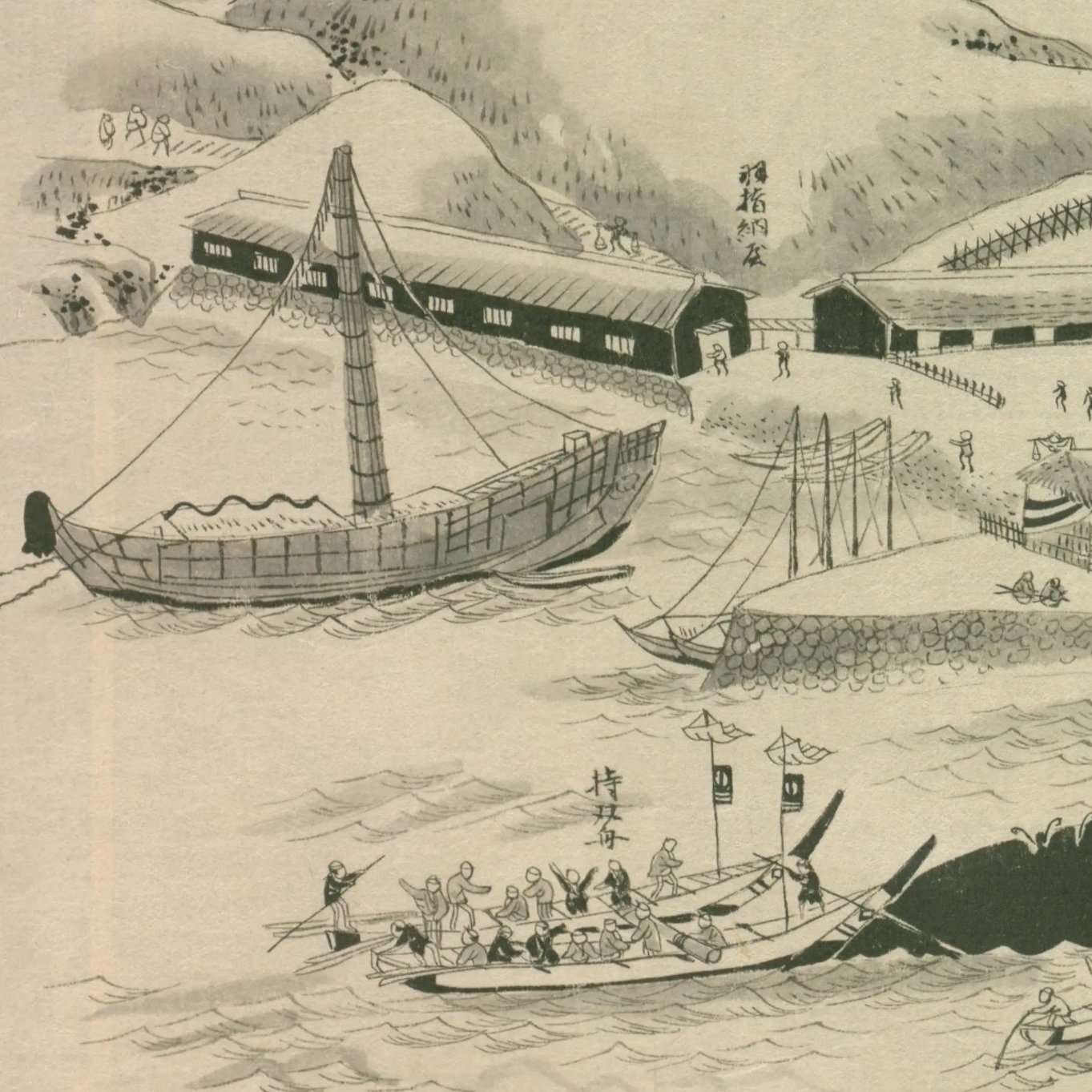 生月島捕鯨】勇魚取絵詞（5）生月御崎浦 納屋場脊美鯨漕寄圖｜mominaina