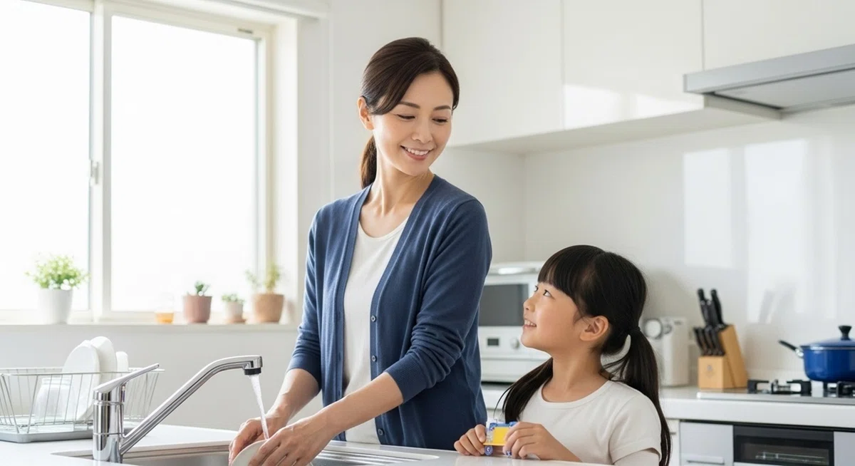洗い物で姿勢を正すママ