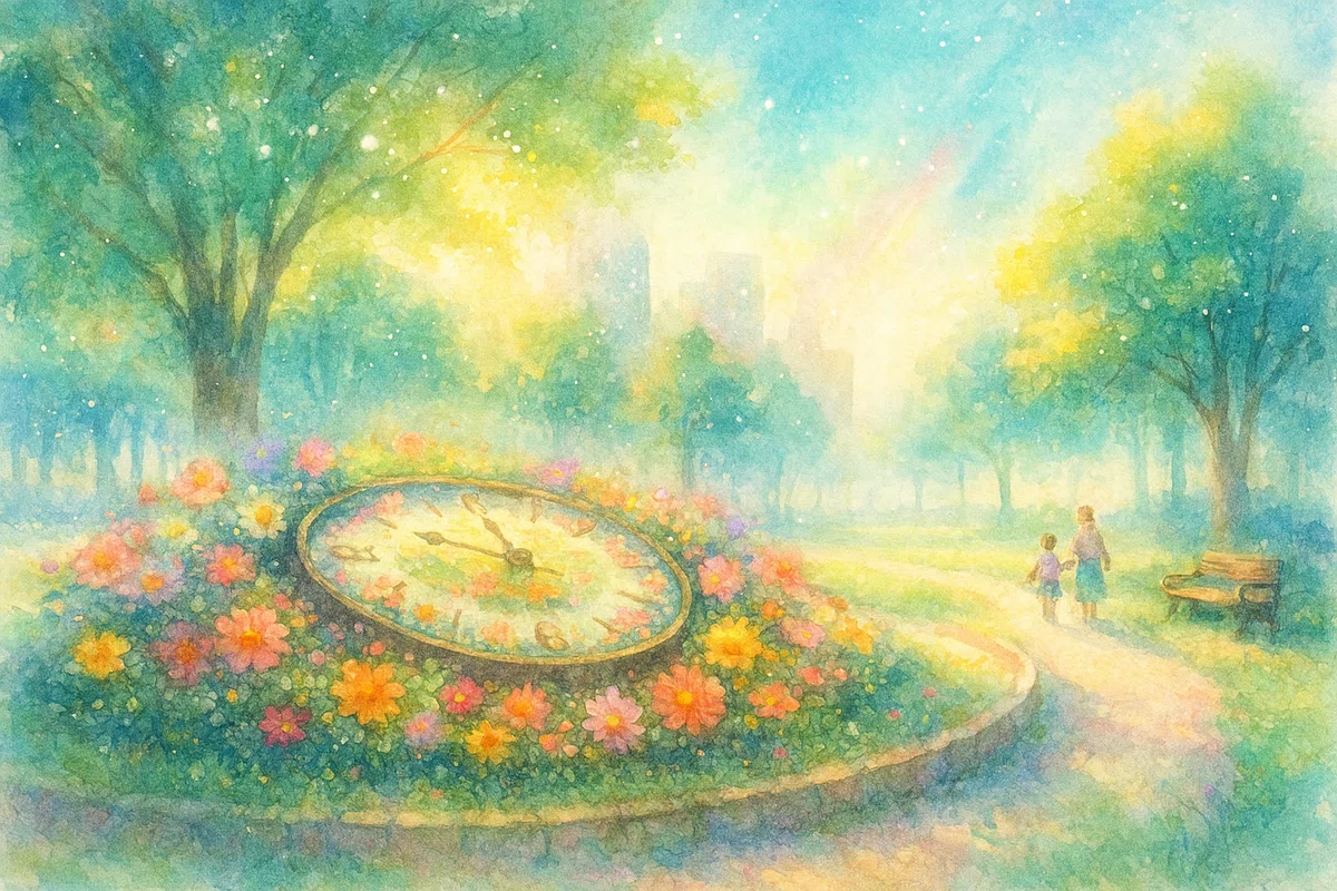 早朝の公園。柔らかな温かみのある風景。中央にカラフルな小花に囲まれた花時計、背景に朝日にきらめく木々。ベンチと、親子