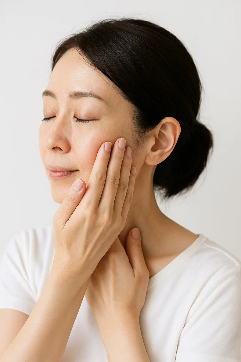 フェイスラインを緩める女性