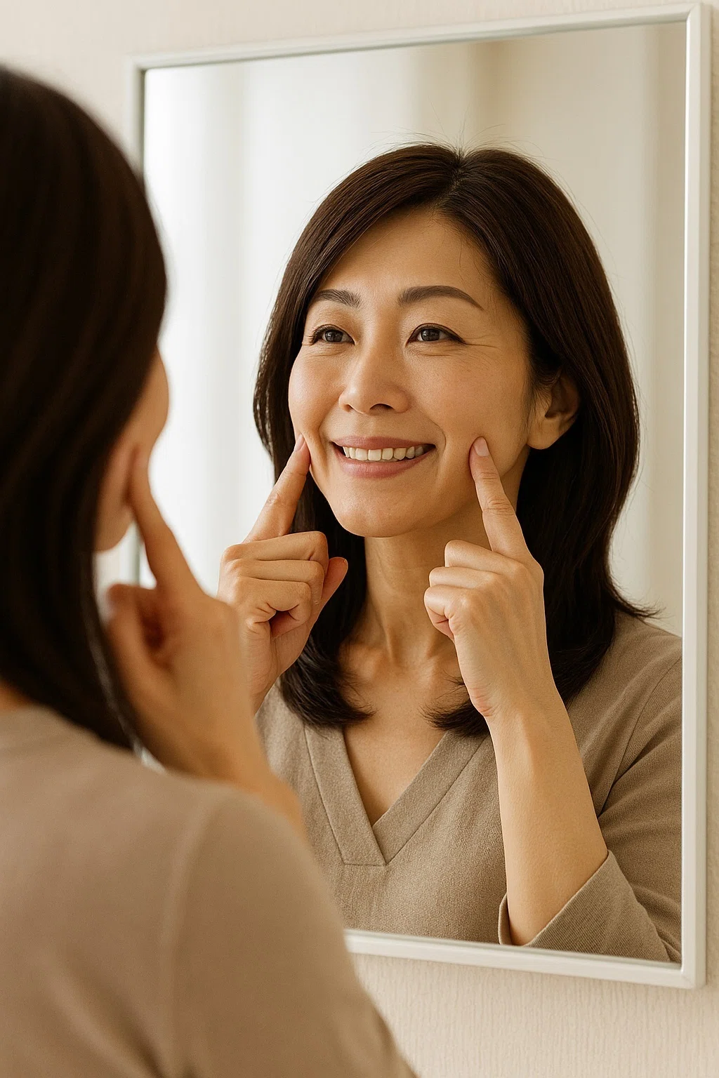鏡の前で笑顔を作る女性