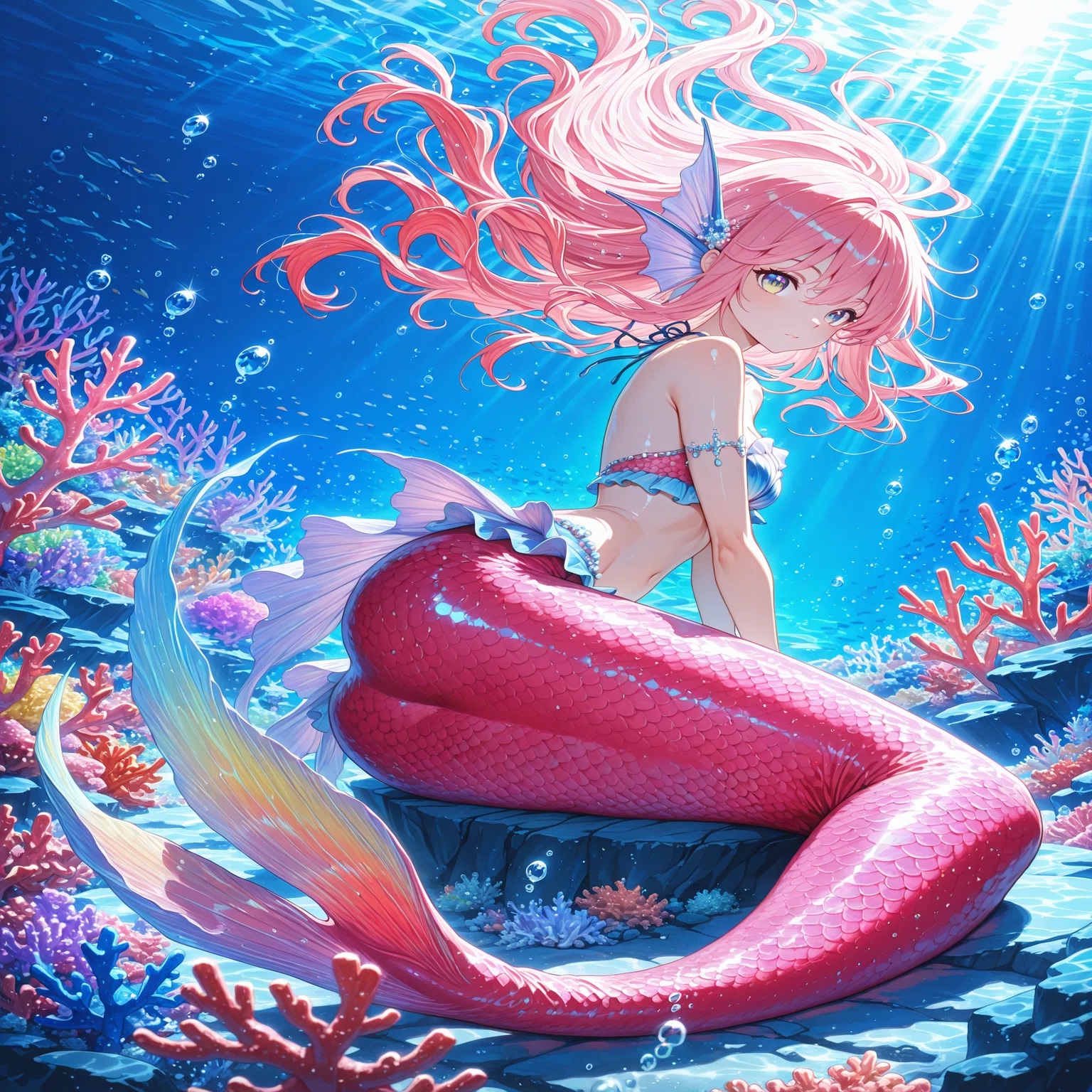 画像生成AI】人魚×花の幻想アート集ー深海に咲く、儚くも美しい花々