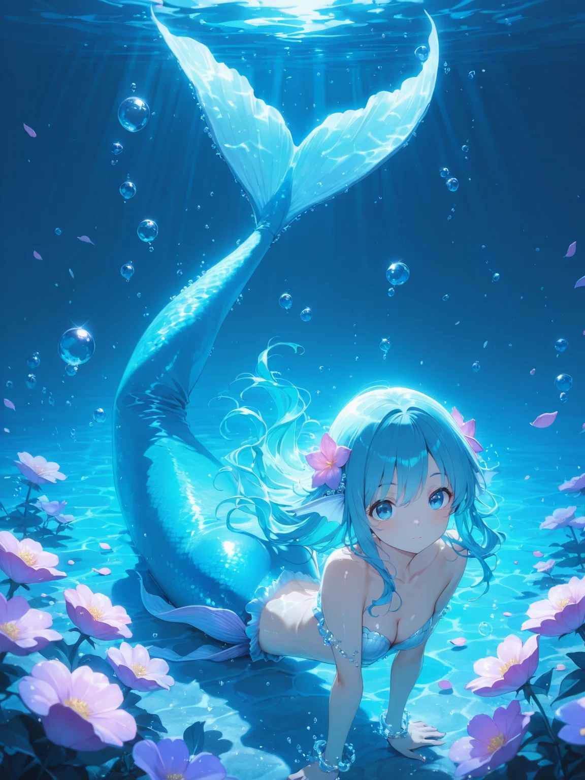 画像生成AI】人魚×花の幻想アート集ー深海に咲く、儚くも美しい花々