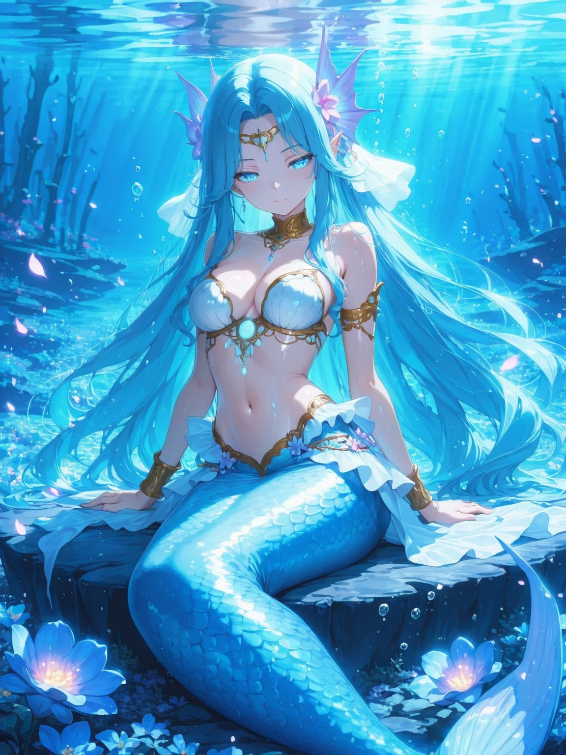 画像生成AI】人魚×花の幻想アート集ー深海に咲く、儚くも美しい花々