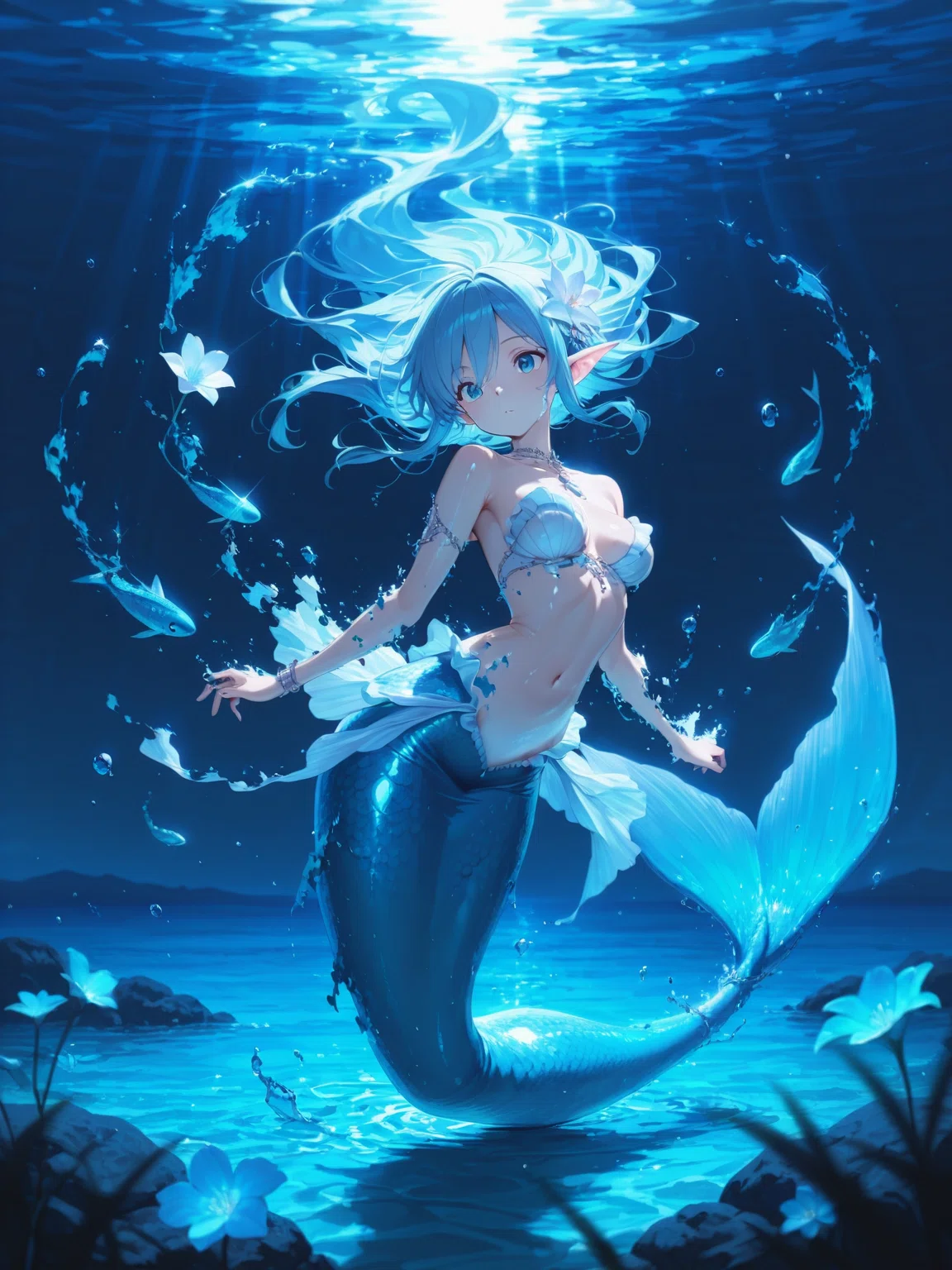 画像生成AI】人魚×花の幻想アート集ー深海に咲く、儚くも美しい花々