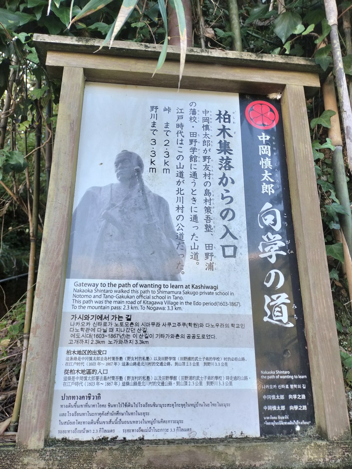 高知県北川村のにある中岡慎太郎・向学の道の看板。柏木集落からの入り口という説明が書かれている