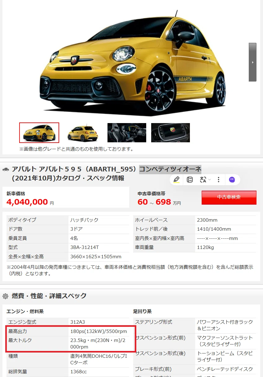 アバルト595ベースグレードとCompetizioneのパワー＆トルク値の違いは