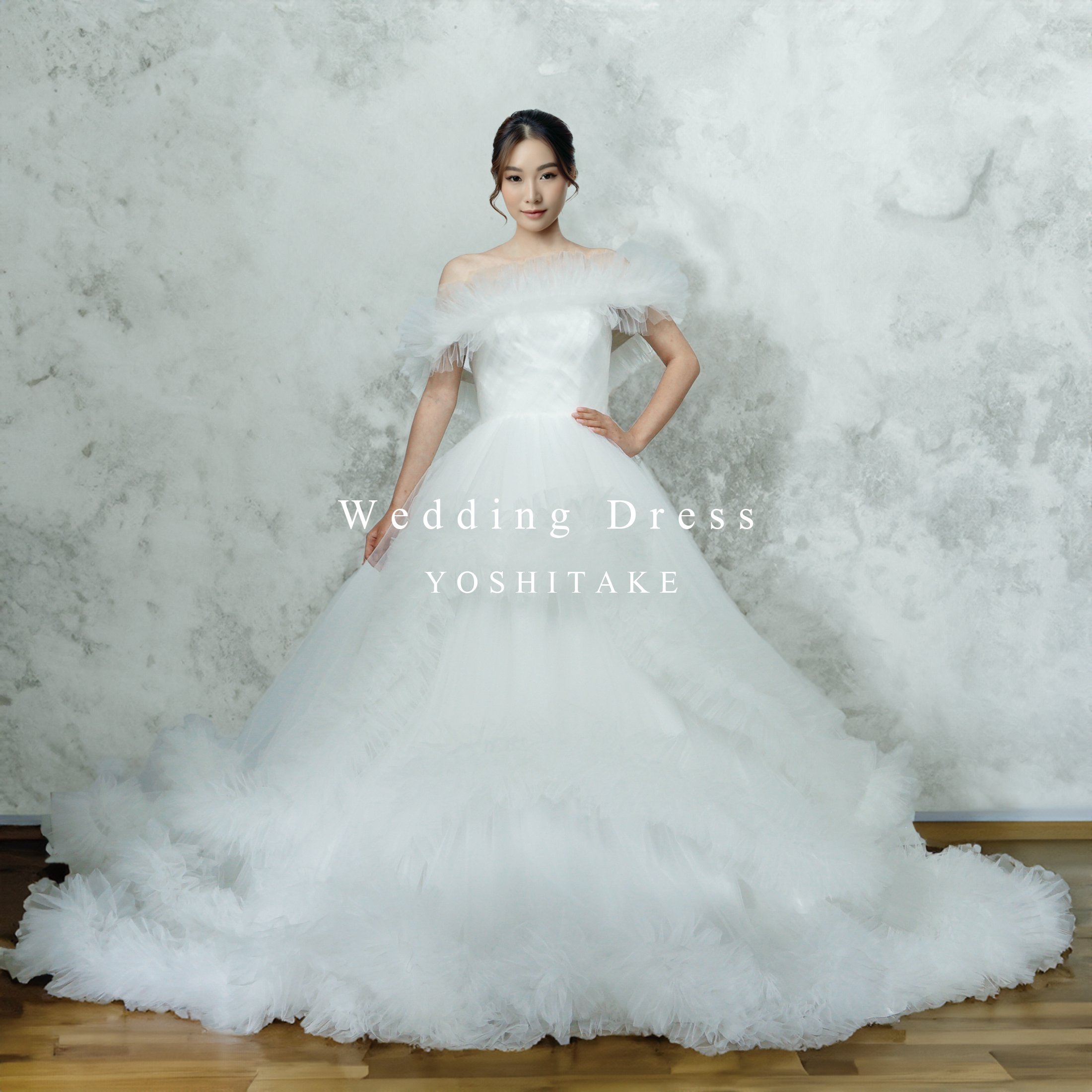 ウエディングドレス.白.チュール.Aライン.リボン.オフショルダー.Y2519 ウエディングドレス.白.チュール.Aライン.リボン.オフショルダー.Y2519