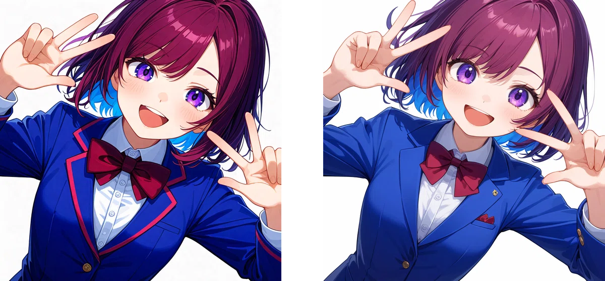 ブレザーを着た女の子のアニメイラスト比較。左: anima_pencil-XL-v5.0.0_clear、右: オリジナルv5.0.0。