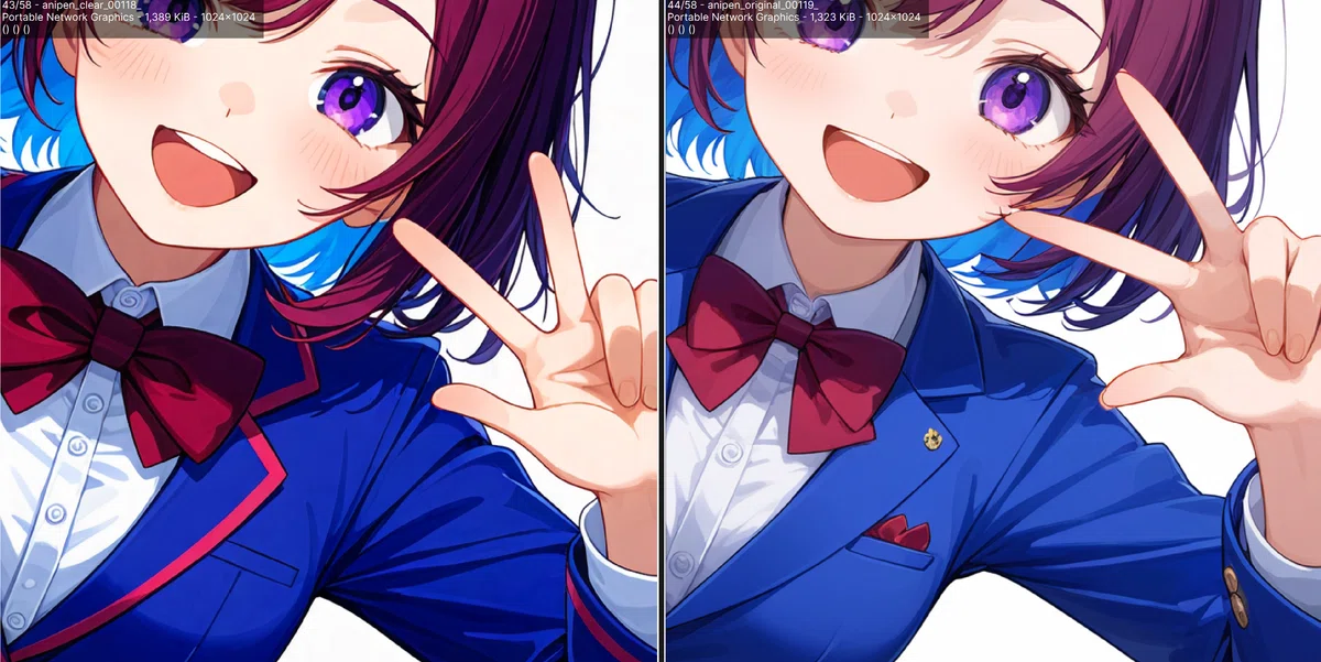 ブレザーを着た女の子のアニメイラスト比較の拡大図。左: anima_pencil-XL-v5.0.0_clear、右: オリジナルv5.0.0。