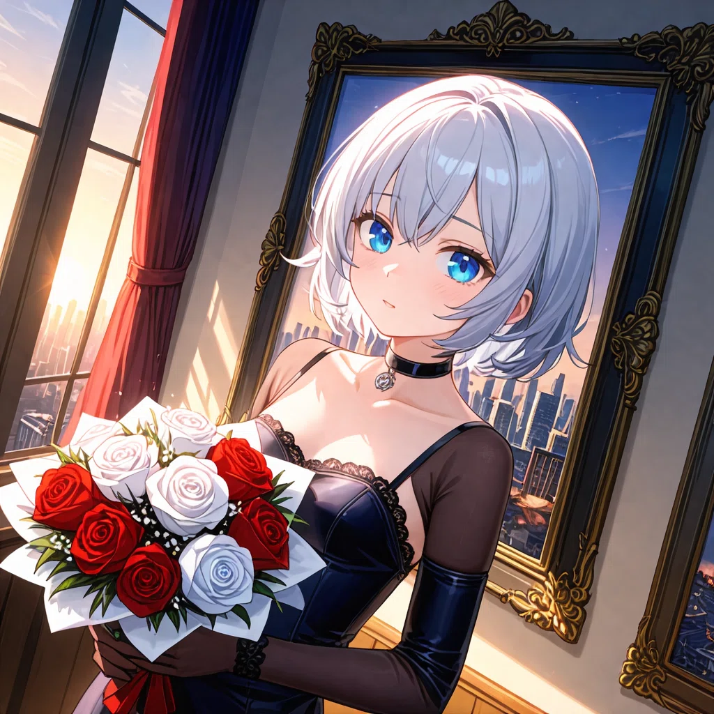 銀髪青目の女性が白いバラの花束を持つアニメイラスト。市街ビュー部屋。anima_pencil-XL-v5.0.0_clear生成。