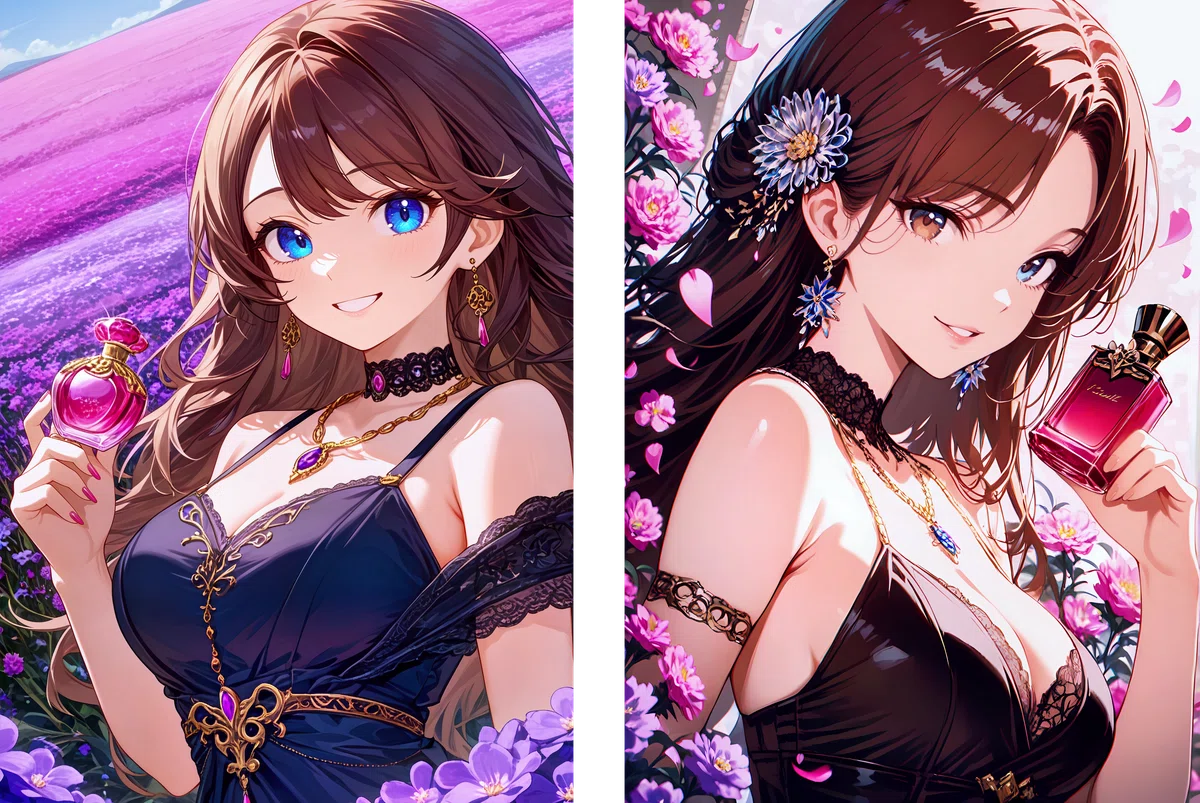 紫色の花畑で香水瓶を持つ女性のアニメイラスト比較。左: anima_pencil-XL-v5.0.0_clear、右: Animagine-XL_4.0_Opt_clear。