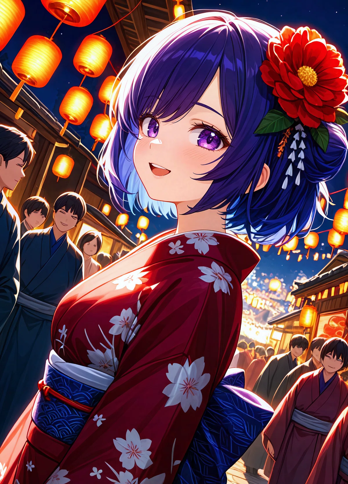 夜の縁日で赤い花の着物を着た若い女性キャラクターのアニメイラスト。ランタンと人ごみ。anima_pencil-XL-v5.0.0_clear生成。