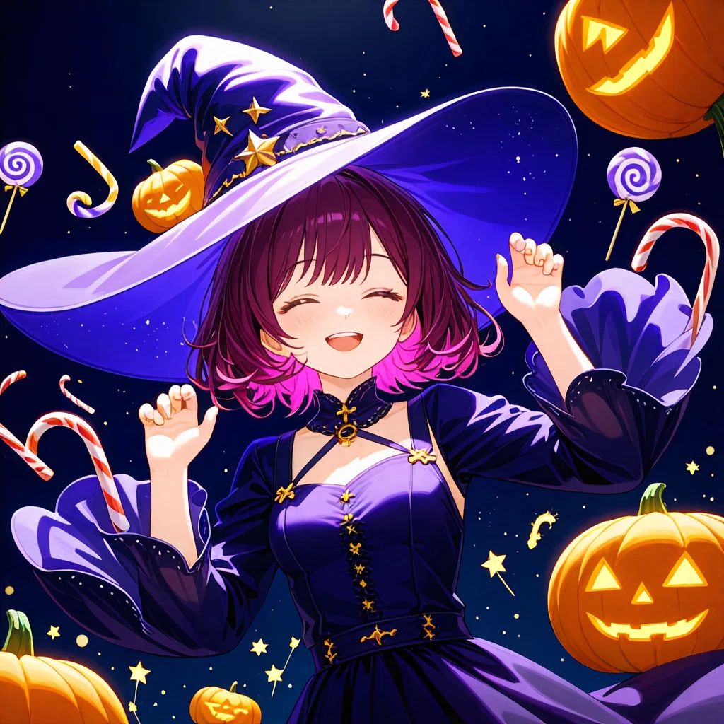 紫の魔女帽をかぶった女性キャラクターのアニメイラスト。浮遊するキャンディケーンとカボチャ。anima_pencil-XL-v5.0.0_clear生成。