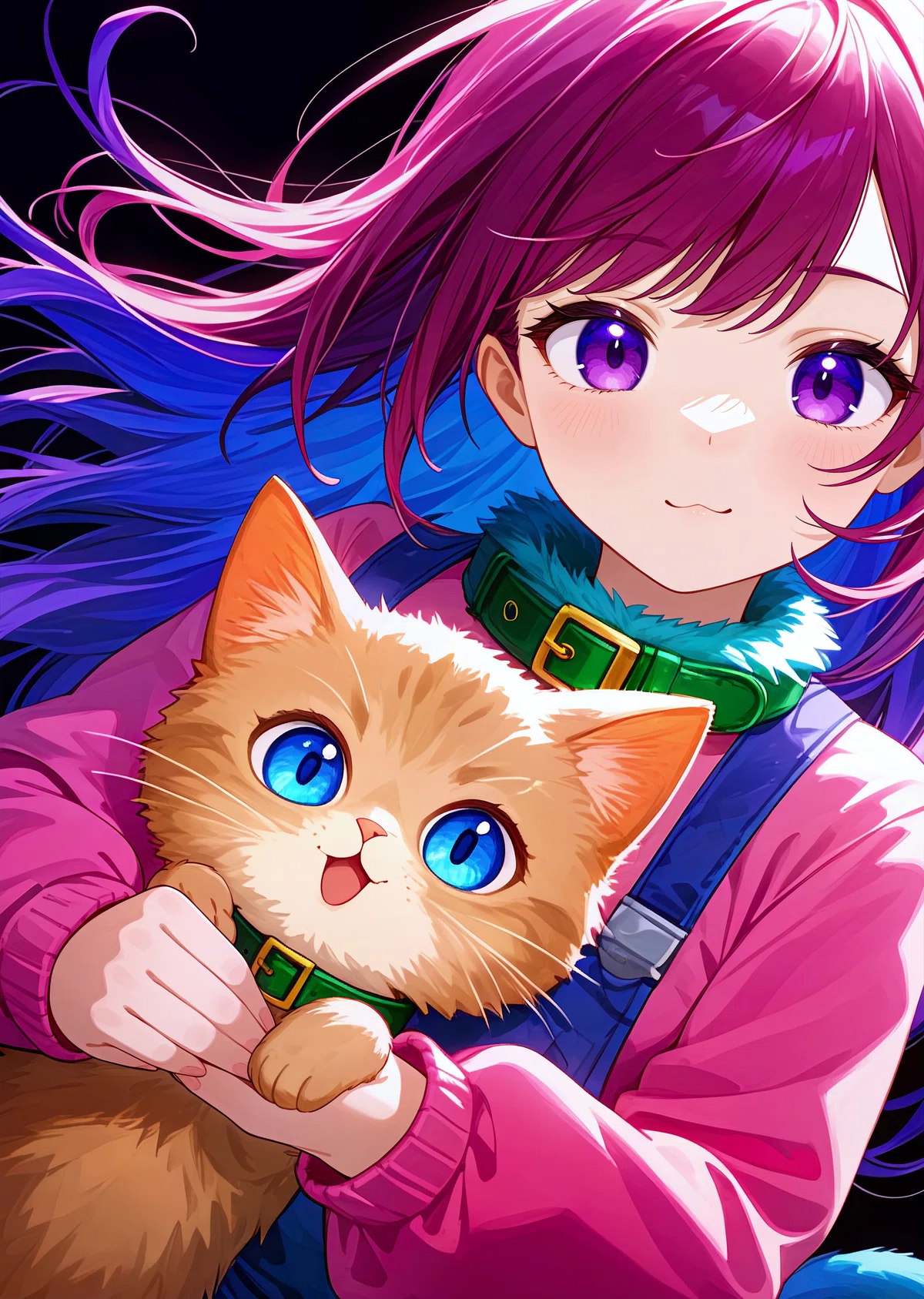 紫髪の女の子がオレンジ猫を抱くアニメイラスト。CLIP-Lキャプション入力例。