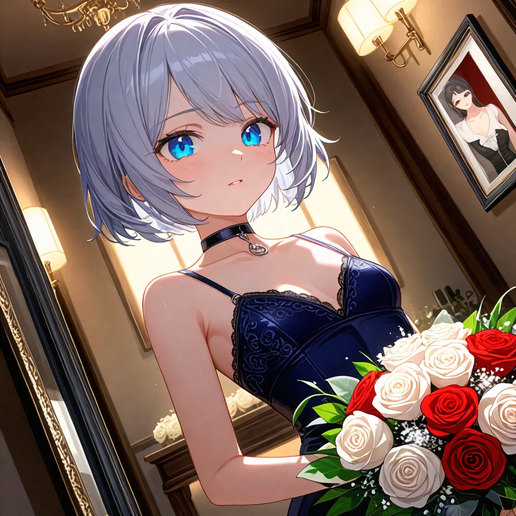 紅白バラの花束を持つ銀髪黒ドレス女性のアニメイラスト。FP32 VAE使用例。
