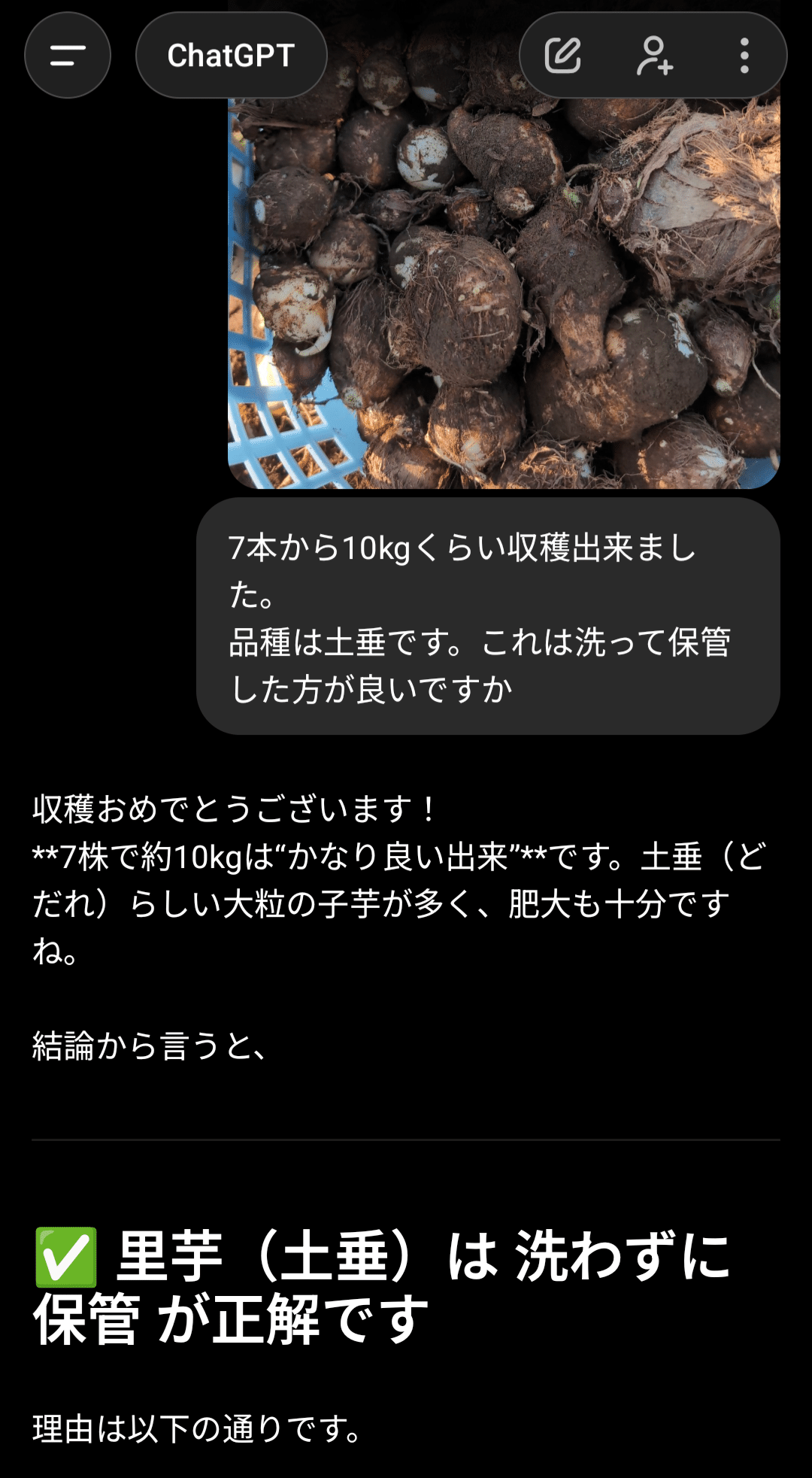 じいちゃん（土日発送不可能） AI ChatGPTに、里芋の収穫適期か写真を送って聞いてみた｜テレワークで