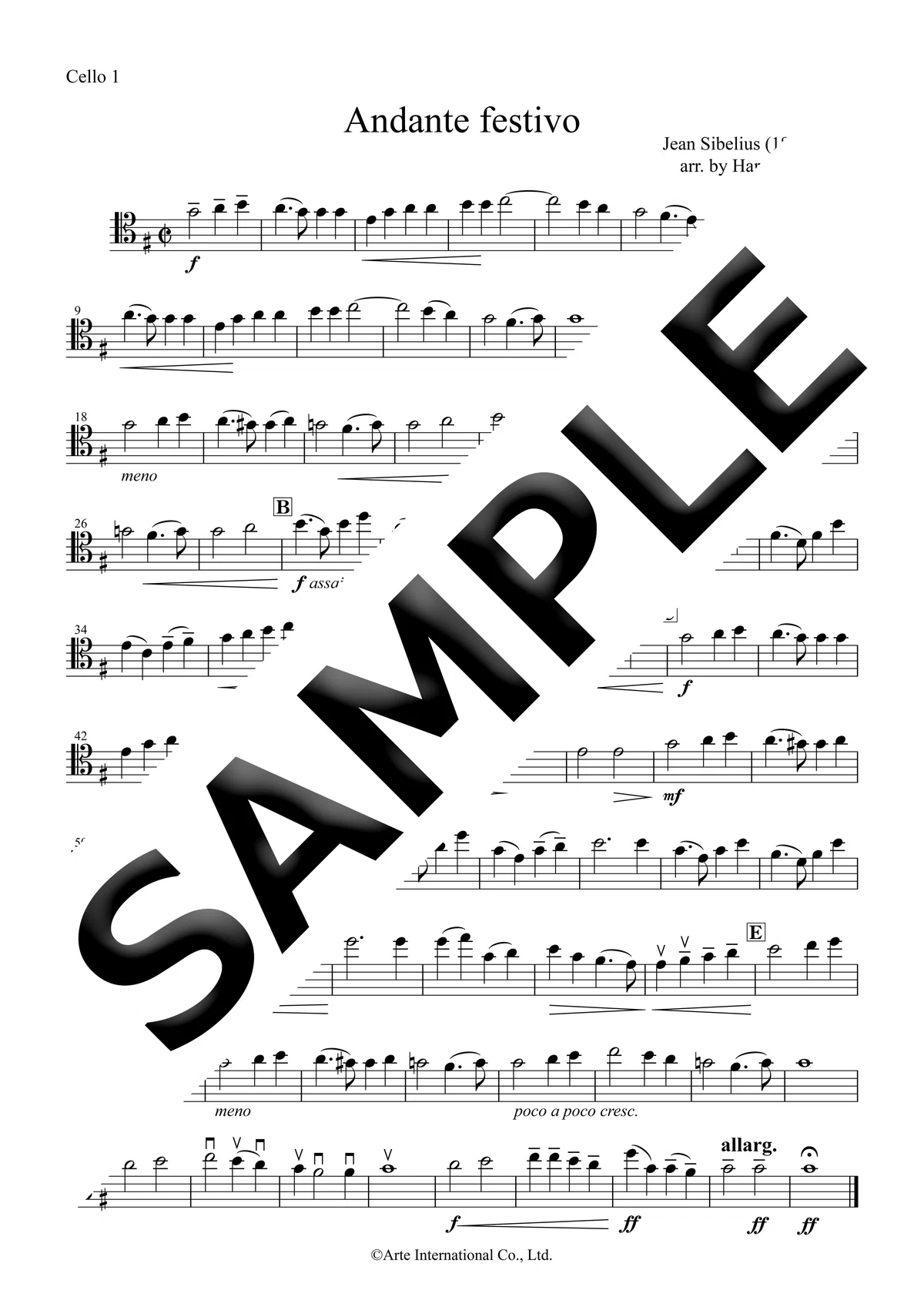 【チェロアンサンブル楽譜】シベリウス:アンダンテ・フェスティーヴォ┇チェロ四重奏(4 Cellos)、4本のチェロのための、スコア&パート譜 ...